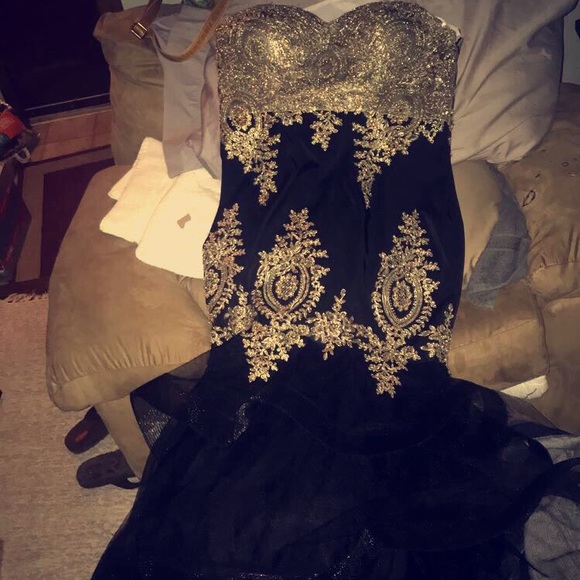 david's bridal black and gold prom dress